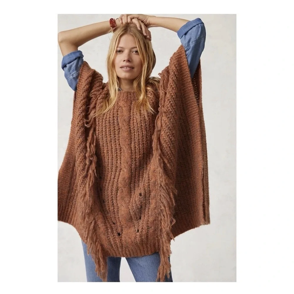 Anthropologie OS Oversized Marled Fringe Knit Poncho